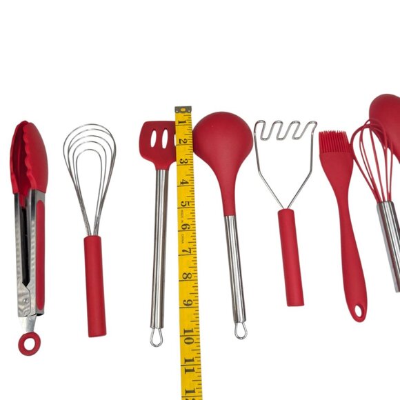 Kitchen Tool LOT OF 9 Red Silicon Tongs Wisk Ladle Spoon Brush Potato Masher - Picture 3 of 10